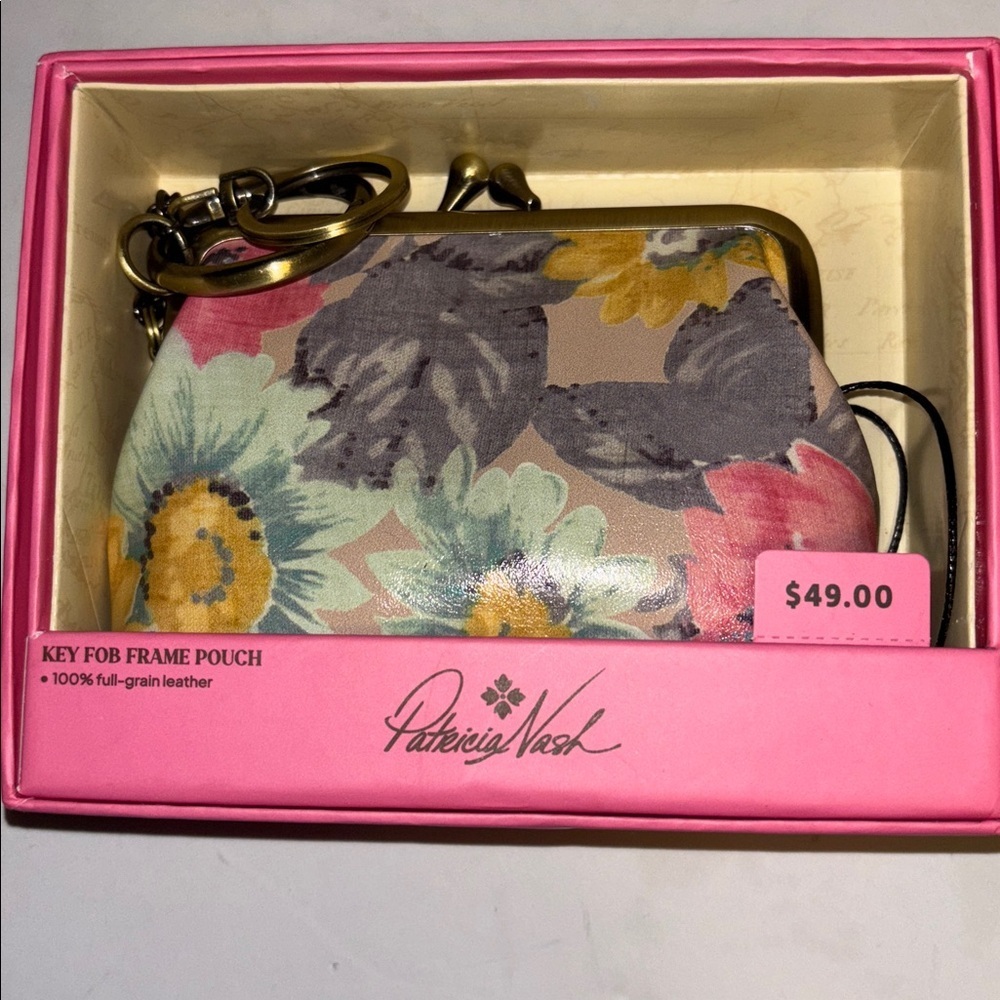 PATRICIA NASH MULTICOLOR FLORAL FRAME POUCH WITH KEY RINGS GENUINE LEATHER NEW - Picture 12 of 14